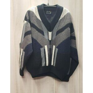 Vintage Coogi Australia Wool Sweater Black Gray Geometric V-Neck Medium HOLES
